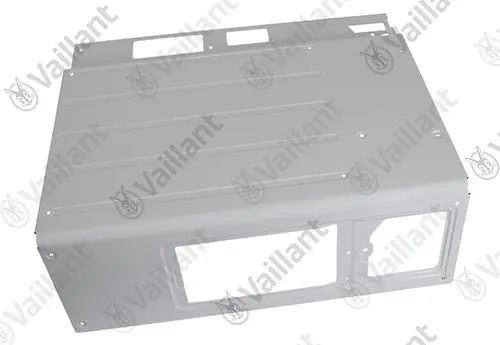 Graues Metallgehäuse von Vaillant mit Aussparungen, geeignet für die Montage. Die Oberfläche ist eben und ohne zusätzliche Beschriftungen oder Details.